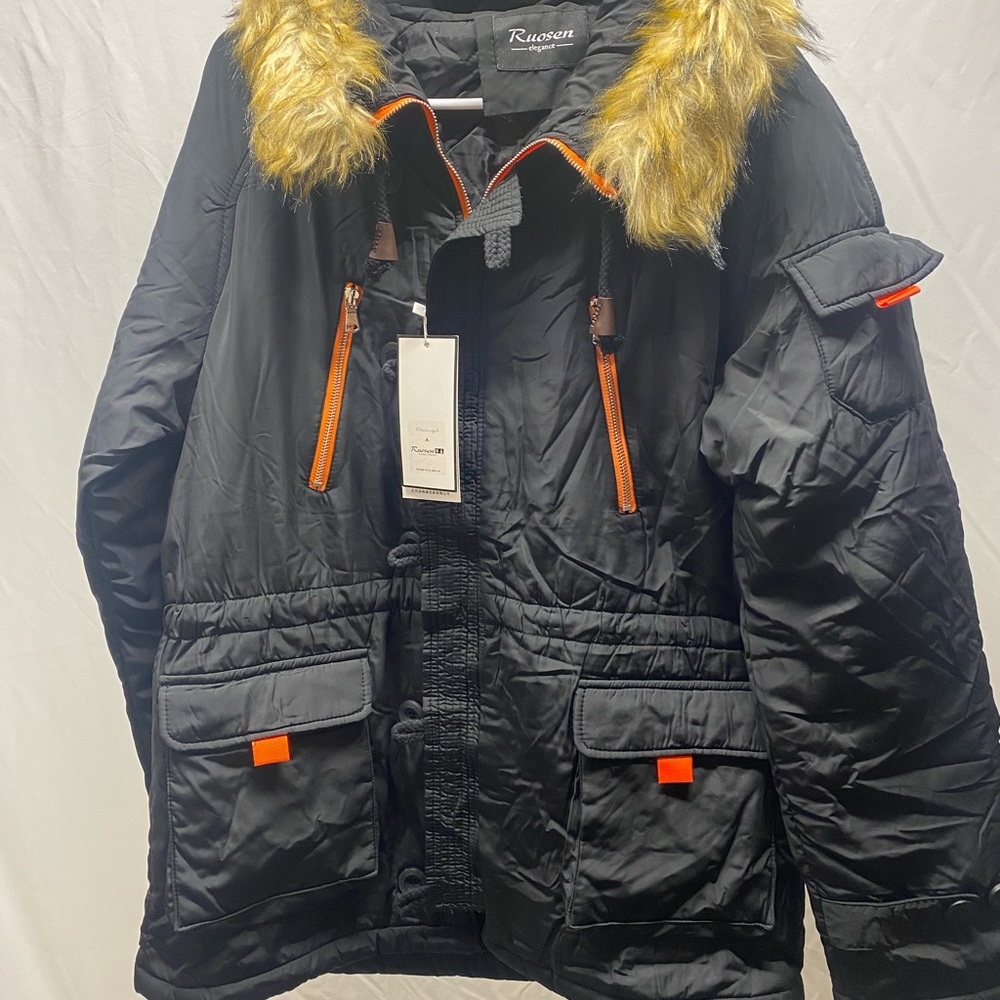 Mens Ruosen Elegance Coat, NWT, black with orange accents.